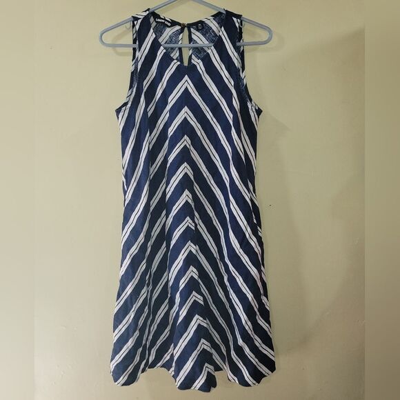 Lands' End Size Medium Womens Blue White Striped Sleeveless Linen Swing Dress - Picture 2 of 7